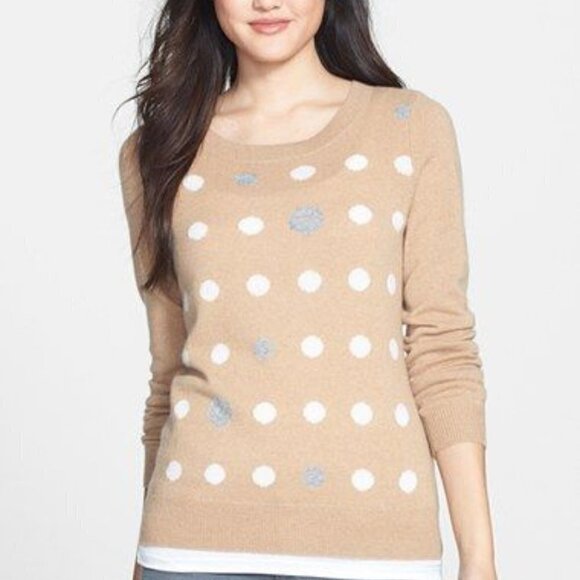 Halogen Women's Cashmere Crew Neck Polka Dot Sweater Beige Size MP Pullover - Picture 1 of 7